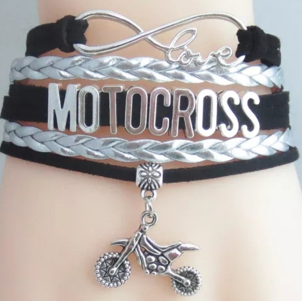 Cute I❤️Motocross Silver & Black Charm Bracelet